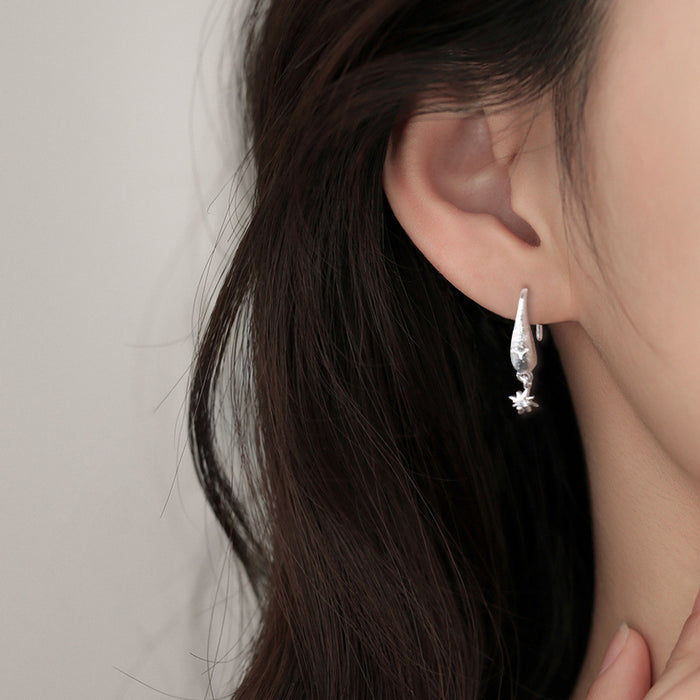 Wholesale Sparkling Diamond Brushed Water Drop Four Star Earrings with Personalized Design, Matte Zircon Cross Star Earhook, Star Star Earnail