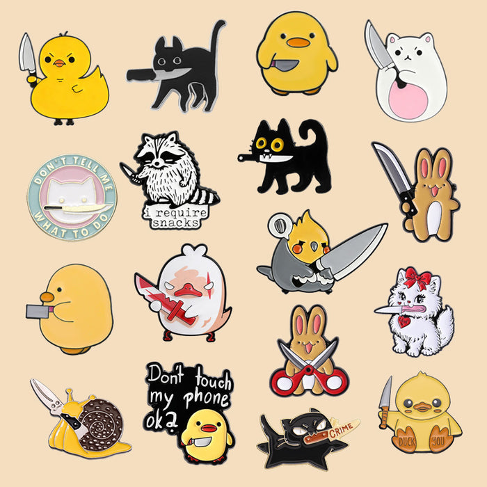 Wholesale Funny Cartoon Cat Duck Enamel Pin Set Knife Wielding Brooch Zinc Alloy Baking Finish Jewelry Accessory For Resale