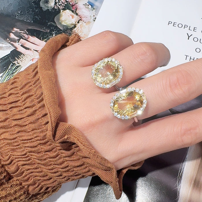 Wholesale Pure silver natural yellow amethyst color treasure ring, high-end jewelry, niche large carat index finger ring