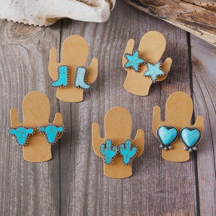 Wholesale Cactus Star Bull Head Heart Turquoise Earrings Necklace Set Simple Color Alloy Jewelry