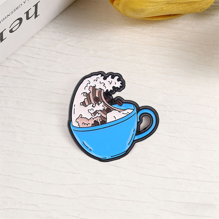 Wholesale Trendy Kanagawa Wave Coffee Cup Brooch Zinc Alloy Badge Bag Accessory