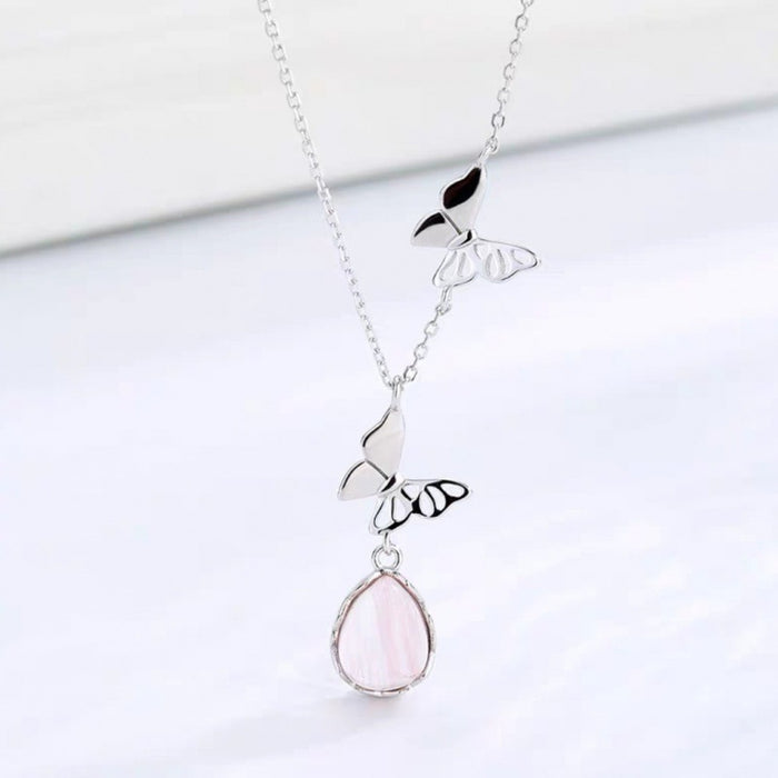 Wholesale New Pink Crystal Butterfly Necklace, Women's Light Luxury Water Drop Pendant, niche design, versatile collarbone chain