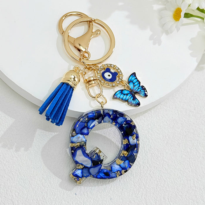 Wholesale Royal Blue 26 Letter Keychain with Evil Eye Butterfly Tassel Pendant