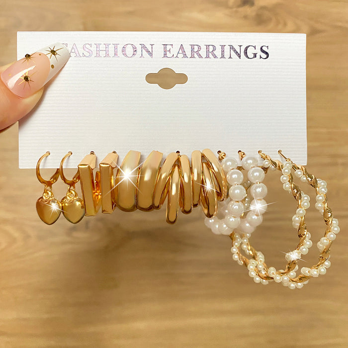 Wholesale 6-piece geometric pearl and diamond statement earring set