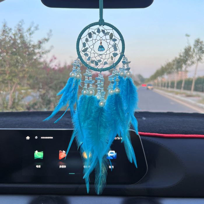 Wholesale Crystal Stone Dream Catcher Car Pendant Feather Wind Chime Rearview Mirror Decorative Accessory MOQ≥2