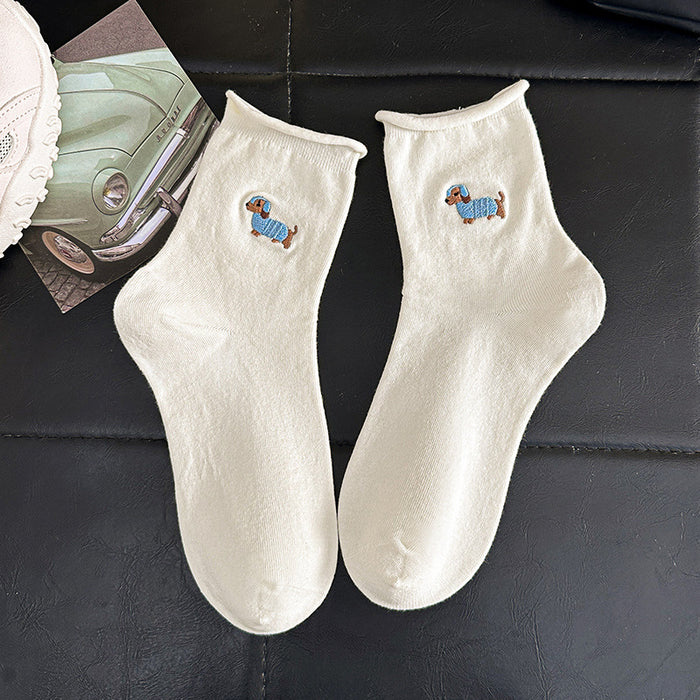 Wholesale Socks with embroidered edges, cute cartoon style, mid tube socks, cotton socks