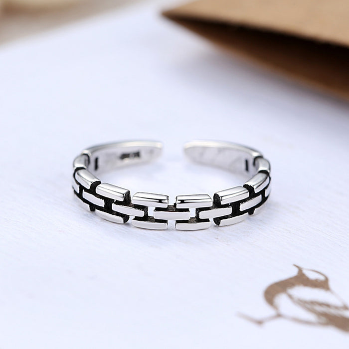 Wholesale Vintage rectangular block splicing hollow ring, fashionable vintage style, personalized silver plated open mouth dining ring