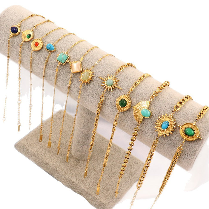 Wholesale Vintage stainless steel natural stone pendant bracelet,  simple and multi-element turquoise bracelet