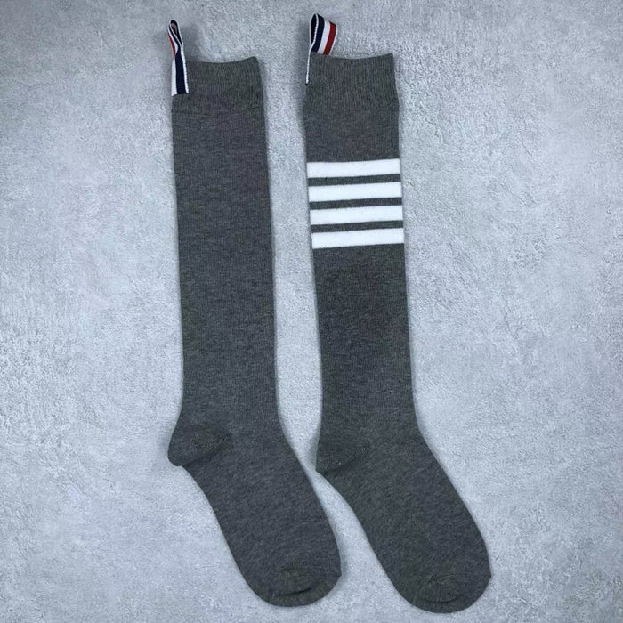 Wholesale Socks men's and women's mid length gray four bar striped pure cotton calf socks
