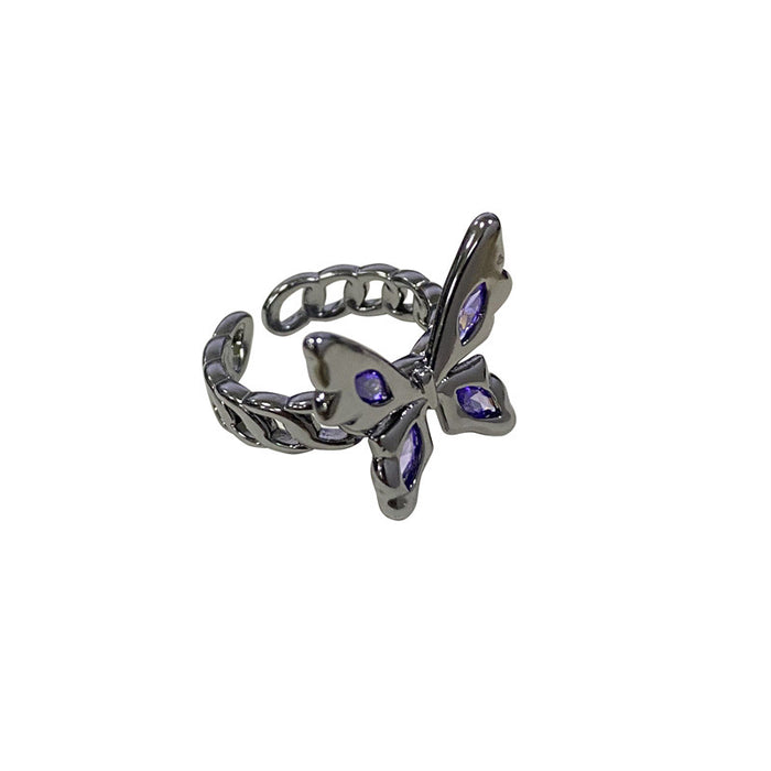 Wholesale Purple diamond black butterfly ring with unique and niche design, light luxury, open mouth, index finger, female