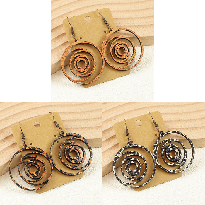 Wholesale Retro Holiday Versatile Bohemian Style Leopard Print Wooden Hollow Women' s Earrings Round Earrings