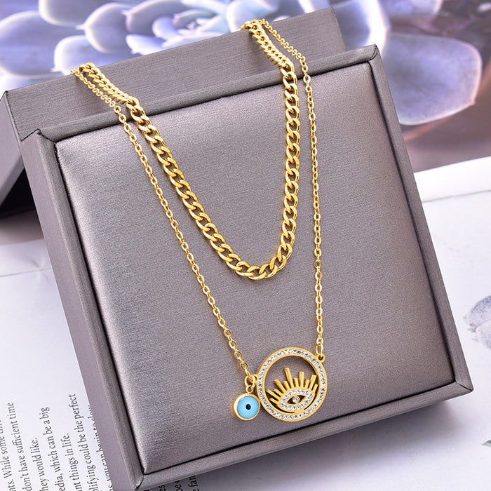 Wholesale Sunflower Blue Eye Round Plate Clavicle Pendant Double Layer Full Diamond Titanium Steel Thick Necklace JDC-NE-JinL003