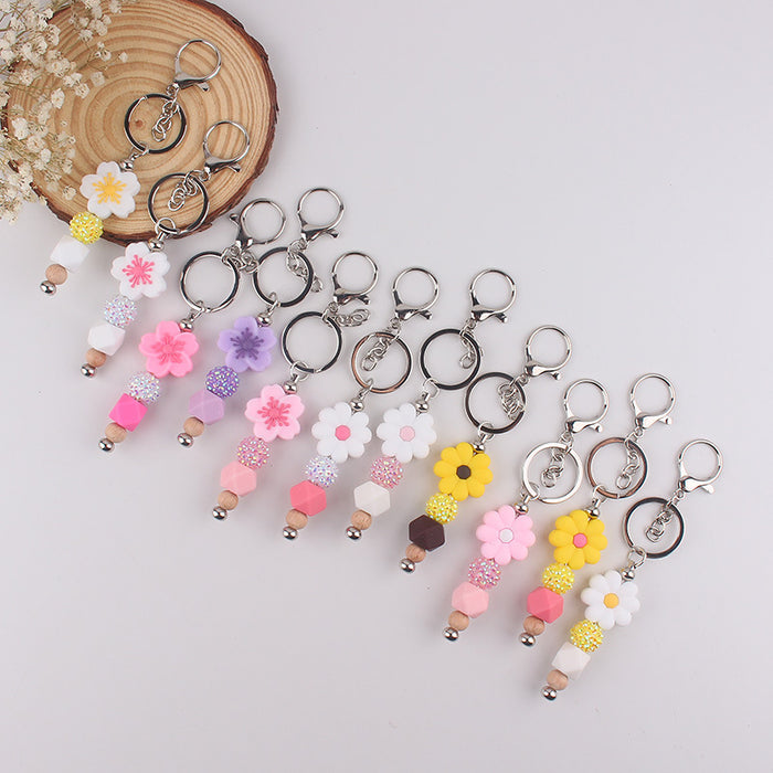 Wholesale Begonia  Flower Beaded Tassel Keychain Pendant Silicone Beads Handmade Bag Decoration Hanging