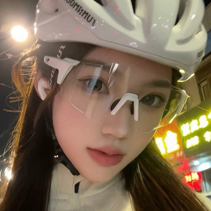 Wholesale Cycling glasses, white frame, transparent sheet, large frame, outdoor color changing sunglasses, running UV, myopia ink