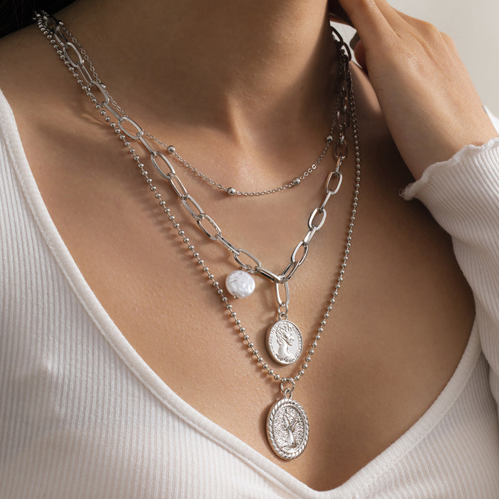Wholesale  Baroque Figure Embossed Necklace Female Alien Imitation Pearl Ball-point Chain Neck Chain