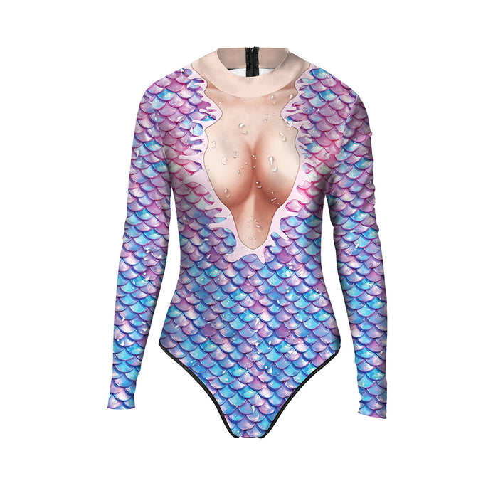 Wholesale Swimsuit digital printed fish scale long sleeved one-piece swimsuit