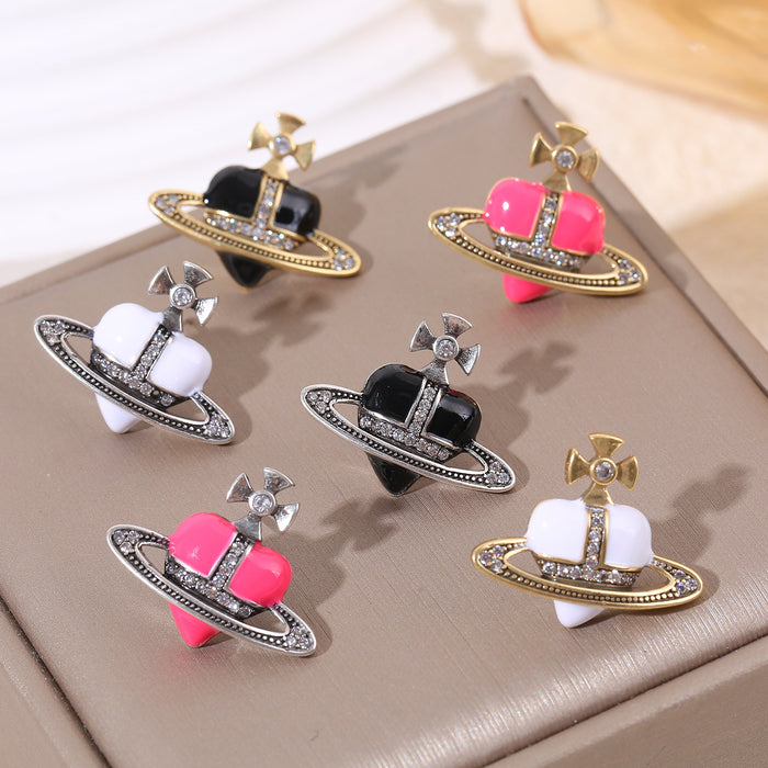 Wholesale Three-color oil-drop heart Saturn micro-inlaid zircon earrings