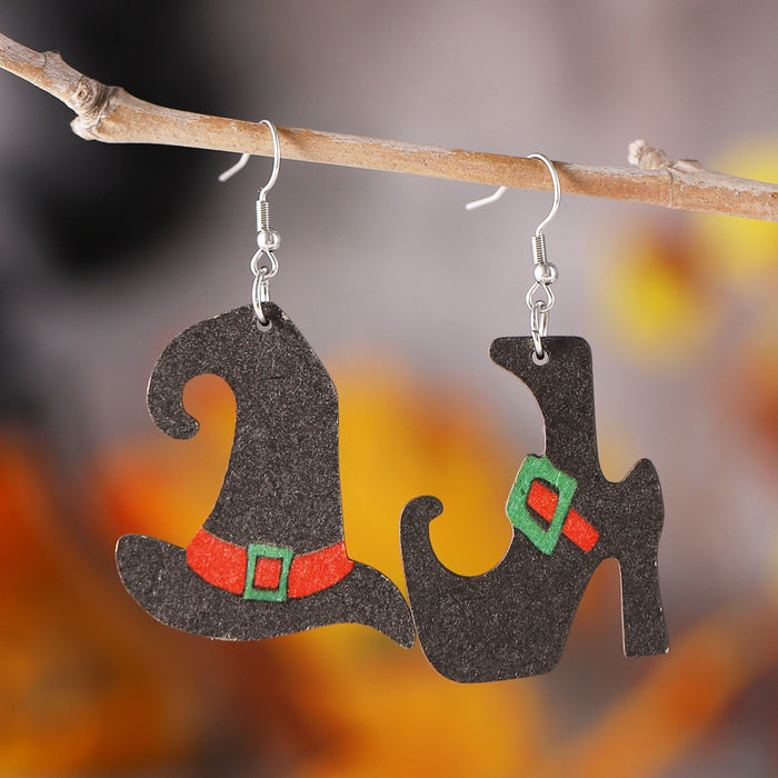 Wholesale  Gothic style ghost face pumpkin witch hat witch boots pendant earrings wooden double-sided earrings