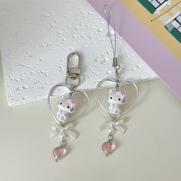 Wholesale Cute Cat Love Beaded Mobile Phone Chain Goo Ben Chain Keychain Bow Pendant