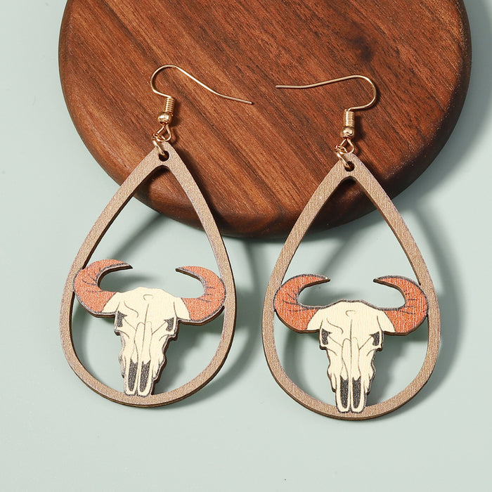 Wholesale cartoon Western Denim style cow head wooden painted earrings earrings