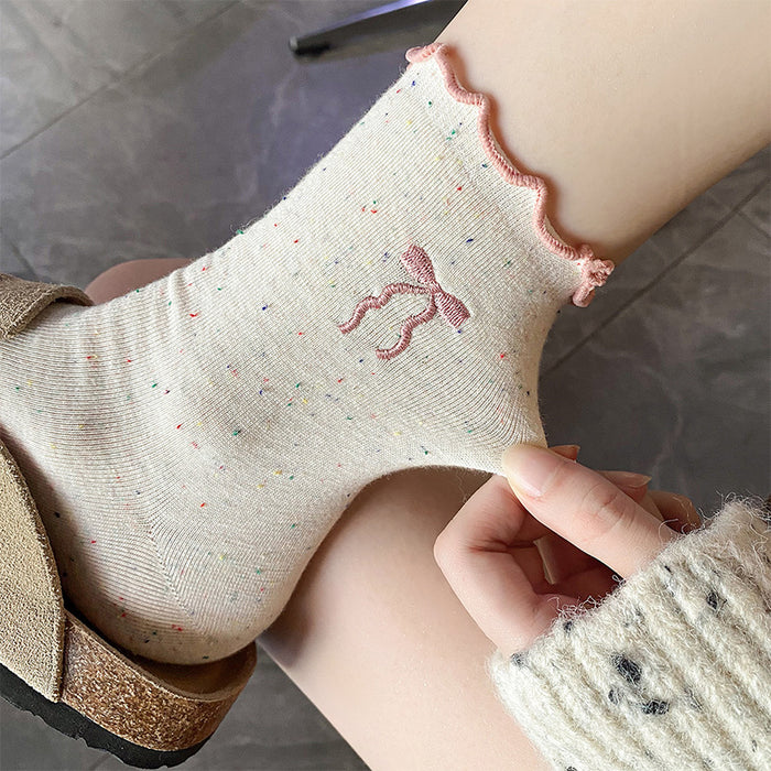 Wholesale Lace bow socks Embroidered mid tube socks Stacked socks