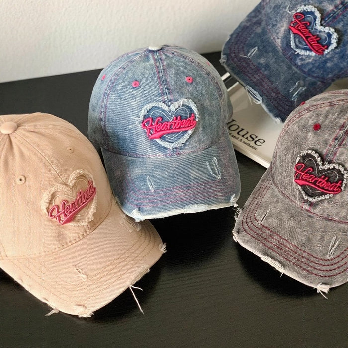Wholesale Love washed denim baseball cap, retro distressed distressed, wide brim duckbill cap