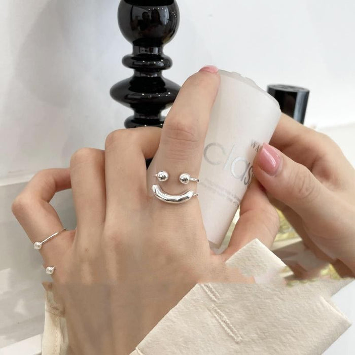 Wholesale Smiling face spherical ring, female index finger, pure silver, niche design, fashionable and personalized