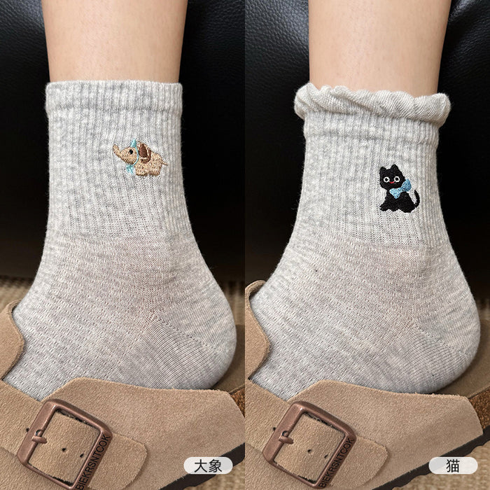 Wholesale Cotton socks, mid tube socks, cartoon embroidered lace socks, cute sports socks
