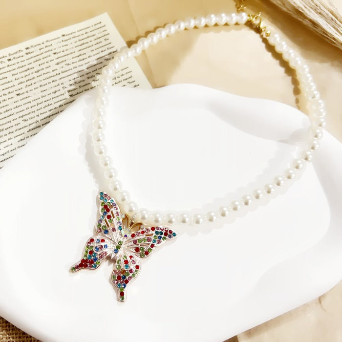 Wholesale Cross Necklace with Exaggerated Colorful Diamonds and Pearls Style Collarbone Chain