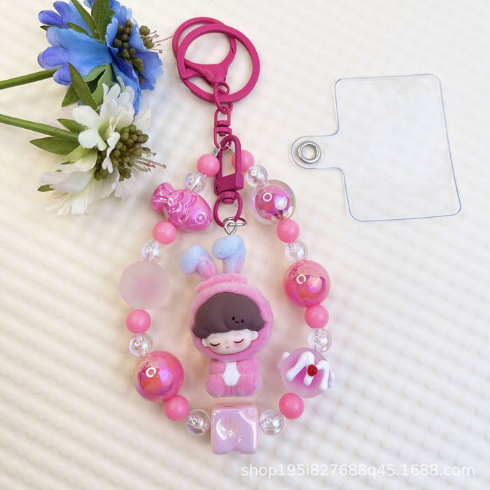 Wholesale Flocked kitten fun girly colorful beaded mobile phone chain keychain bag doll pendant accessories