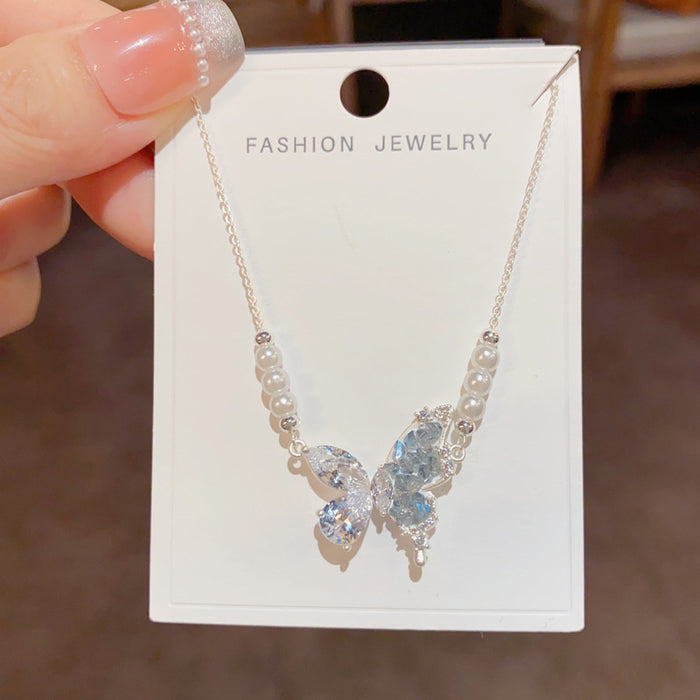 Wholesale Blue Crystal Butterfly Pearl Necklace Thick Gold Plated Copper Fashion Jewelry Accessory
