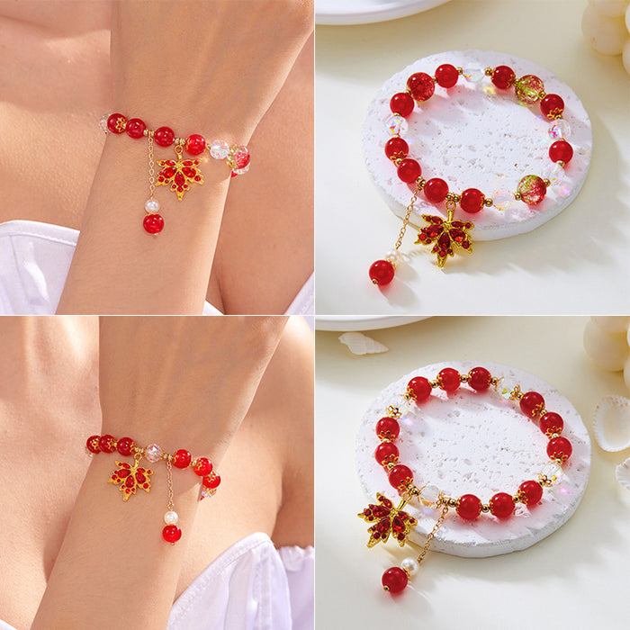 Wholesale  Leaves Beaded Crystal Bracelet Maple Niche Design All-match Red Bracelet