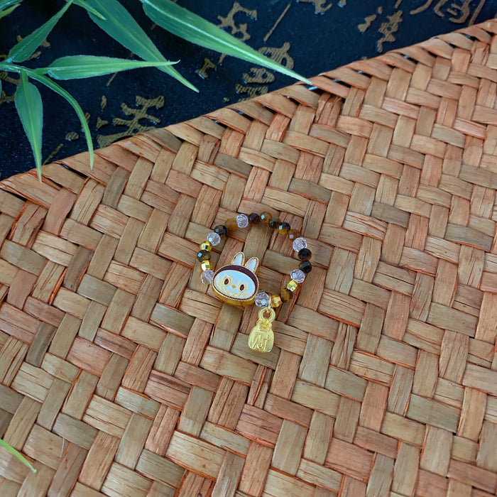 Wholesale Brown beaded ring retro niche tiger eye stone elastic rope ring cute unique ring