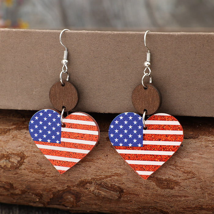 Wholesale  Heart Print American Flag ing Small Wood Pieces Acrylic Earrings Independence Day Earrings