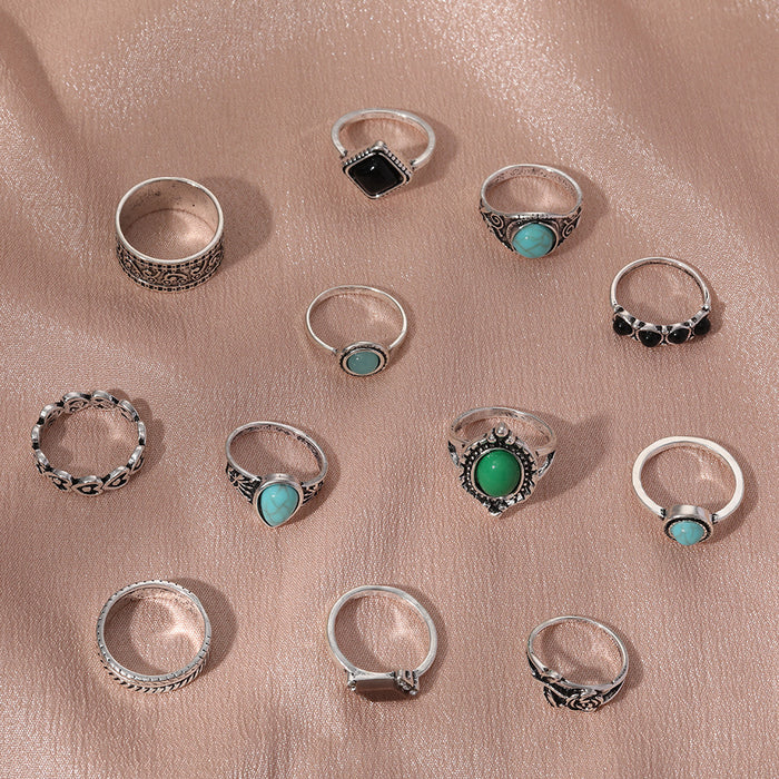 Wholesale retro rose turquoise 12 pieces set ring