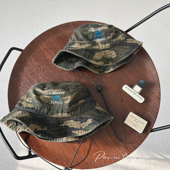 Wholesale Mountaineering fisherman hat, washed drawstring camouflage flat brimmed baseball hat, outdoor children's sunshade hat