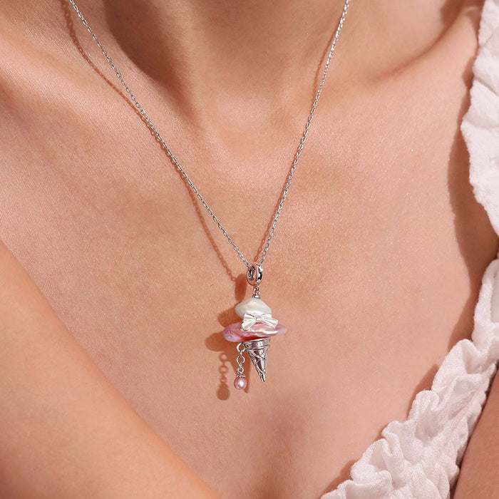 Wholesale Ice cream cone bow pearl pendant necklace