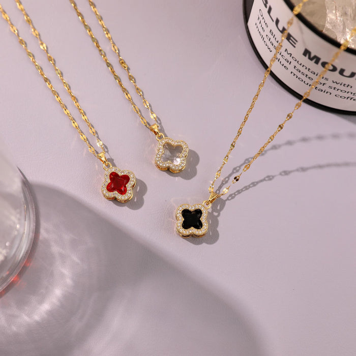 Wholesale Necklace Fashion Water Diamond Four Leaf Petal Titanium Steel Lock Chain Pendant Accessories