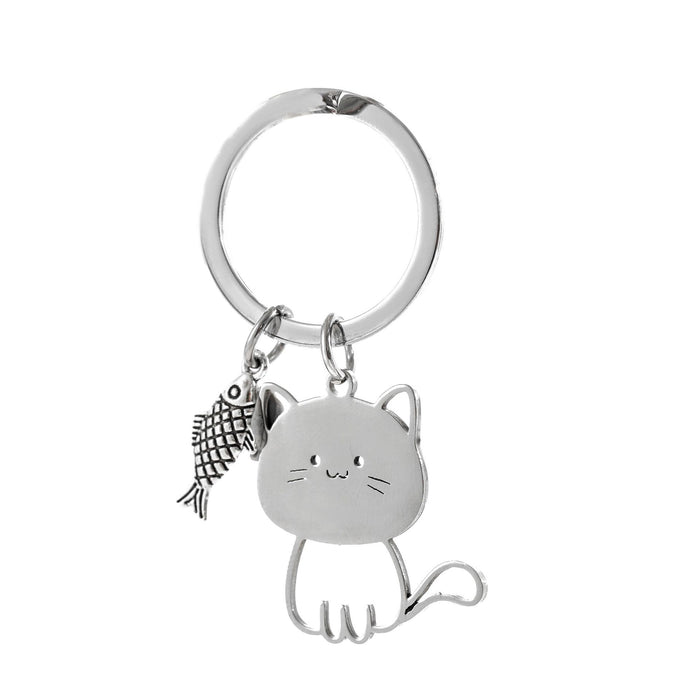 Wholesale Cute Cartoon Cat Eating Fish Stainless Steel Keychain JDC-KC-JunL005