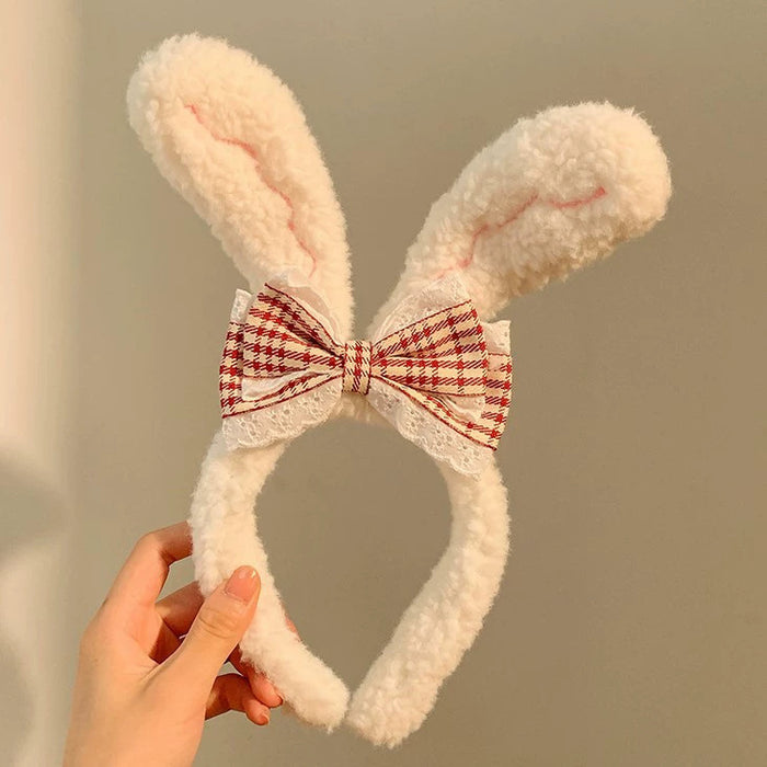 Wholesale Cute bow bunny ears lace trim plush headband
