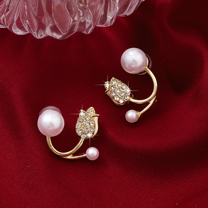 Wholesale A pair of diamond studded pearl tulip earrings with a simple and versatile personality, fashionable earrings and accessories