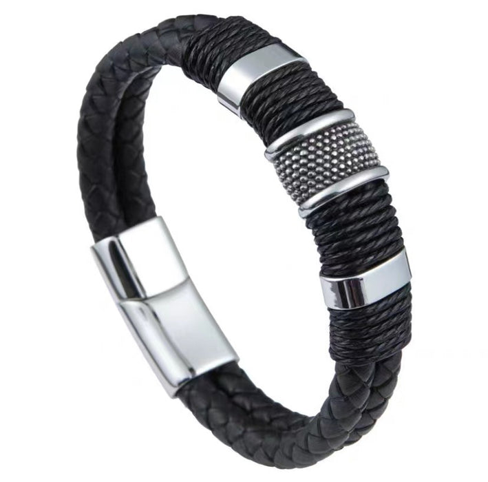 Wholesale Hand string double-layer retro alloy cowhide woven bracelet, fashionable men's leather magnetic buckle bracelet