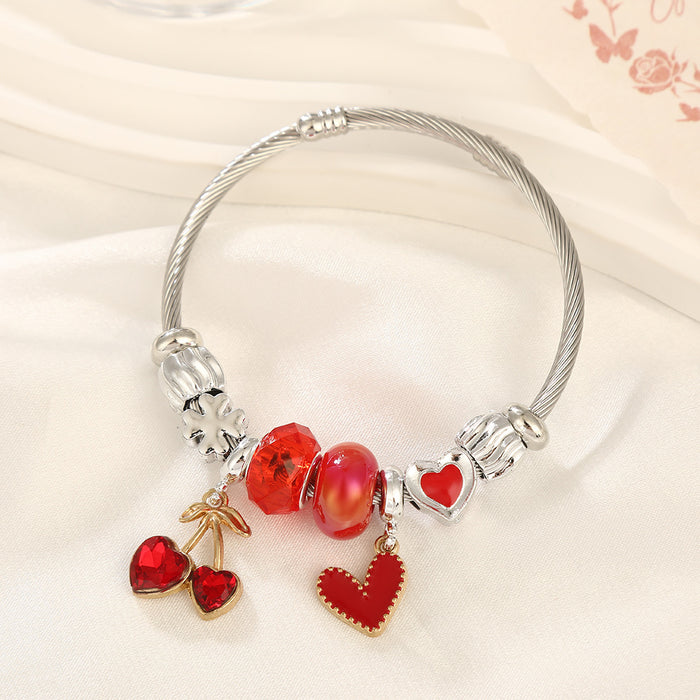 Wholesale Sweet Cherry Beaded Bracelet Stainless Steel Heart Jewelry MOQ≥2