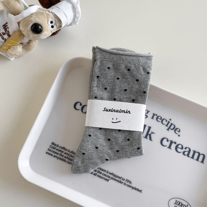 Wholesale Sweat absorbing and breathable socks with polka dot rolled edges, mid tube socks, stacked socks