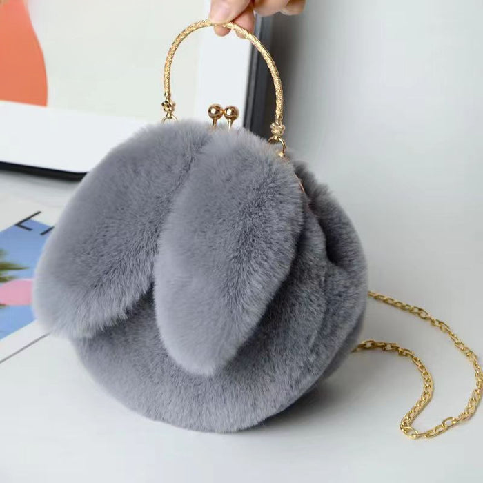 Wholesale Plush Shoulder Bag Women's Portable Crossbody Bag Chain Mobile Phone Bag All-match Small Round Bag Rabbit Ear Clamp Bag