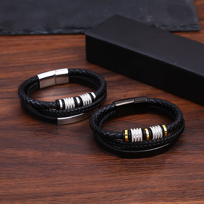 Wholesale Stainless steel men's bracelet, creatively woven leather bracelet, personalized and fashionable magnetic bracelet