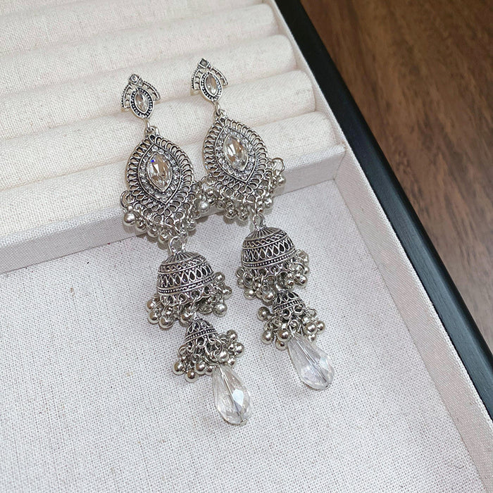Wholesale Silver Needle Diamond Crystal Diamond Tassel Earrings High Sense Earrings Ethnic Style Retro Earrings