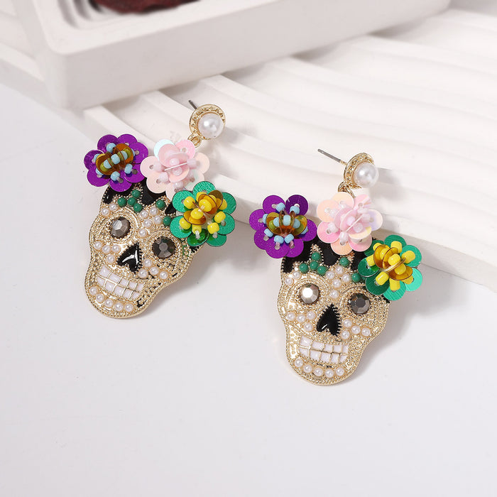 Wholesale Halloween Zinc Alloy Inlaid Zircon with Sequins Flower Skull Earrings JDC-ES-YueLi020