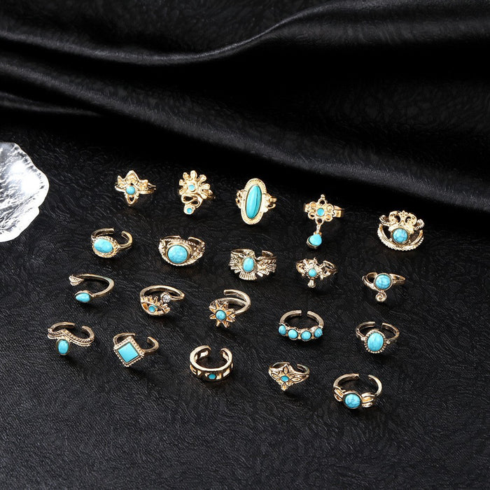 Wholesale Ethnic Style Retro Turquoise Carved Feather Ring Fashionable and Personalized 8-Piece Combination Ring Set