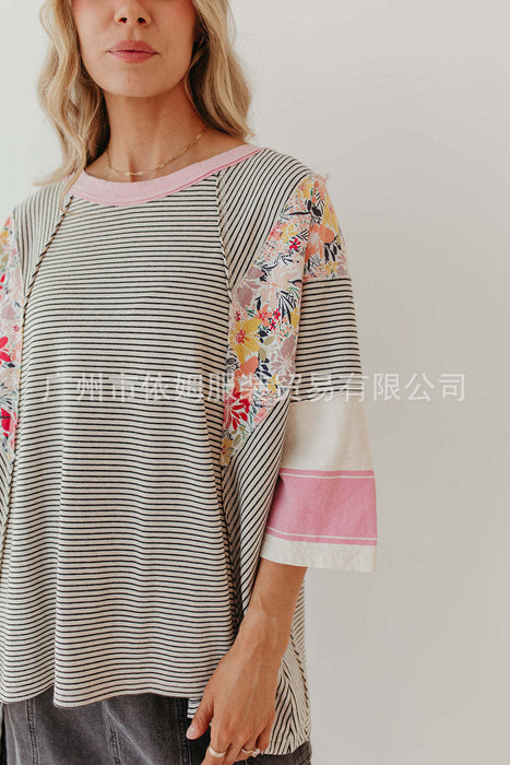 Wholesale Women's Color Matching Printed Tops Three Quarter Sleeve Sweatshirt JDC-CTS-YiMu012